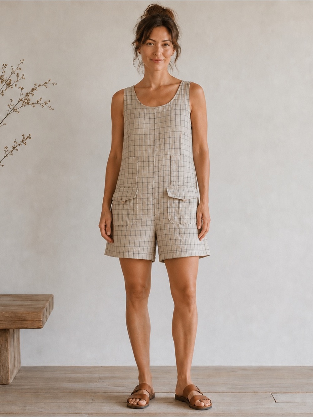 Vintage 1990s Silk Exchange 100% Silk Windowpane Utility Romper raw silk minimal